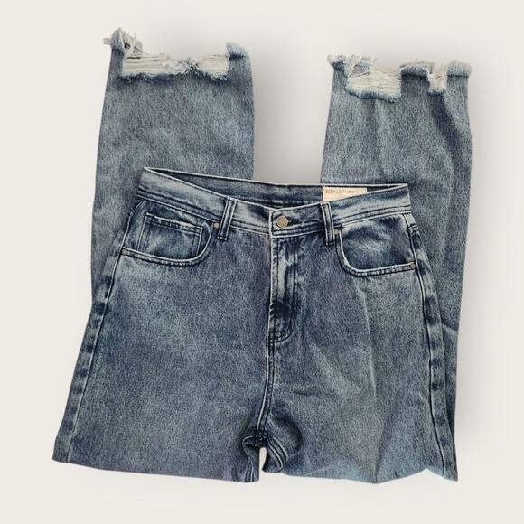 Wish List Jeans Women's Sz L Blue Denim Factory Distressed Straight High-Rise - Picture 3 of 6